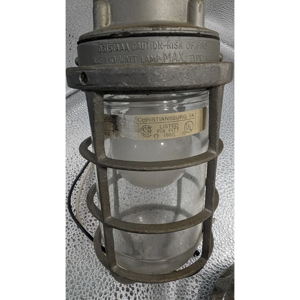 Hubbell VFB-15 Industrial Vapor Tight Pendant Light Cage Globe Steampunk Vintage